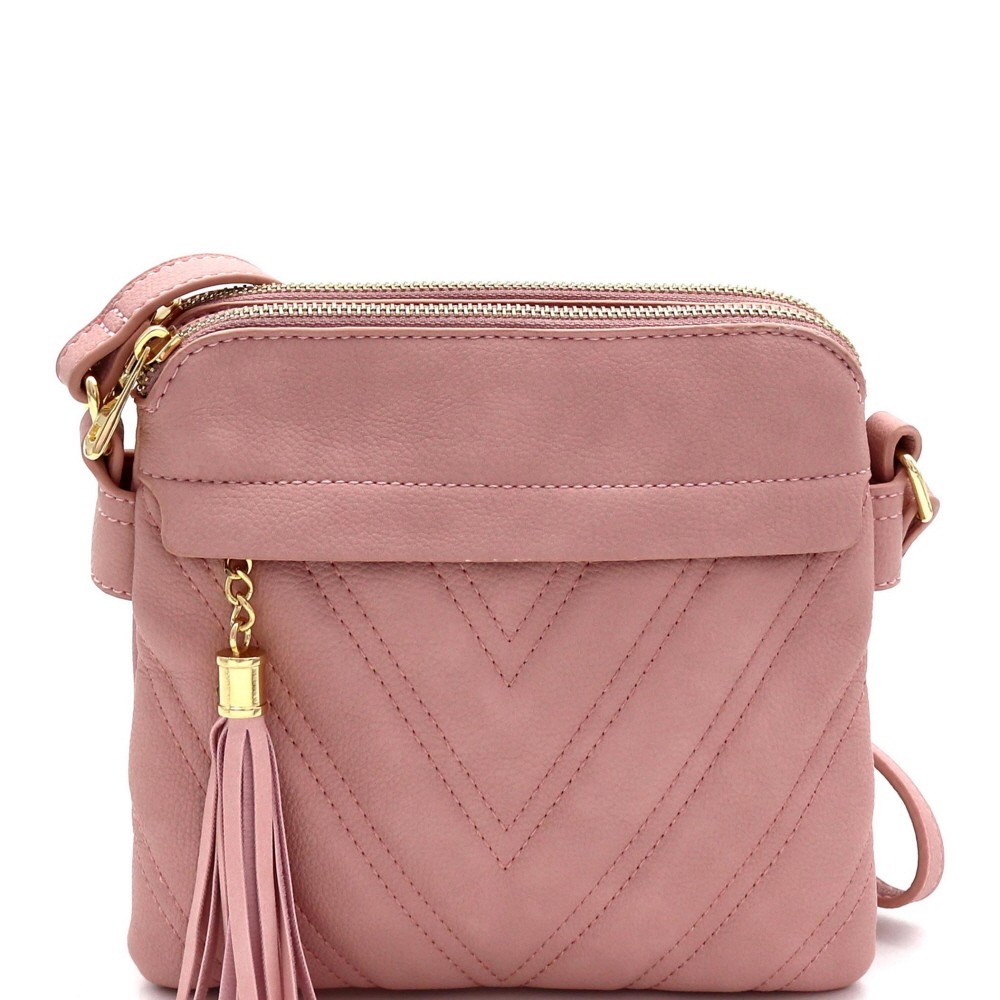 chevron quilted medium crossbody bag with tassel accent